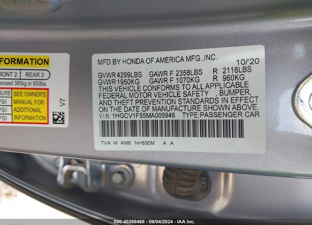 2021 HONDA ACCORD EX-L VIN: 1HGCV1F55MA005946