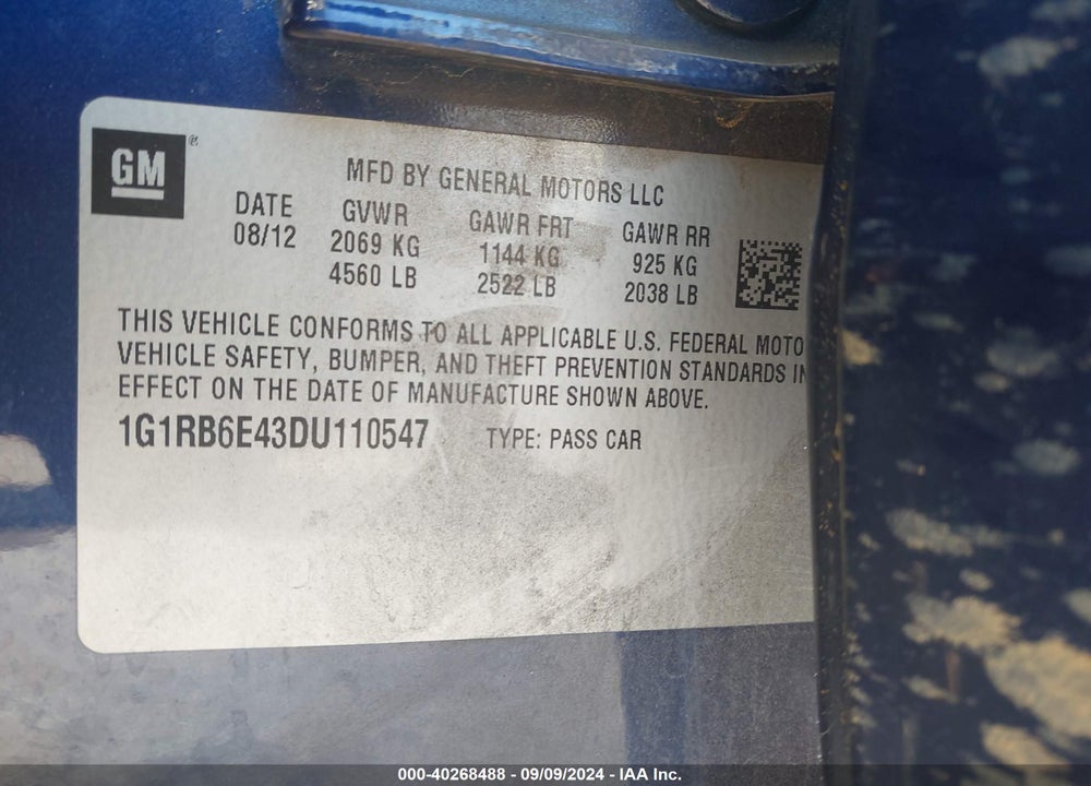 2013 CHEVROLET VOLT VIN: 1G1RB6E43DU110547