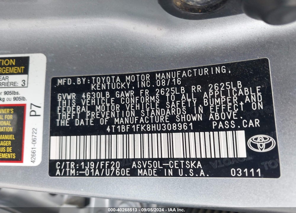 2017 TOYOTA CAMRY SE VIN: 4T1BF1FK8HU308961