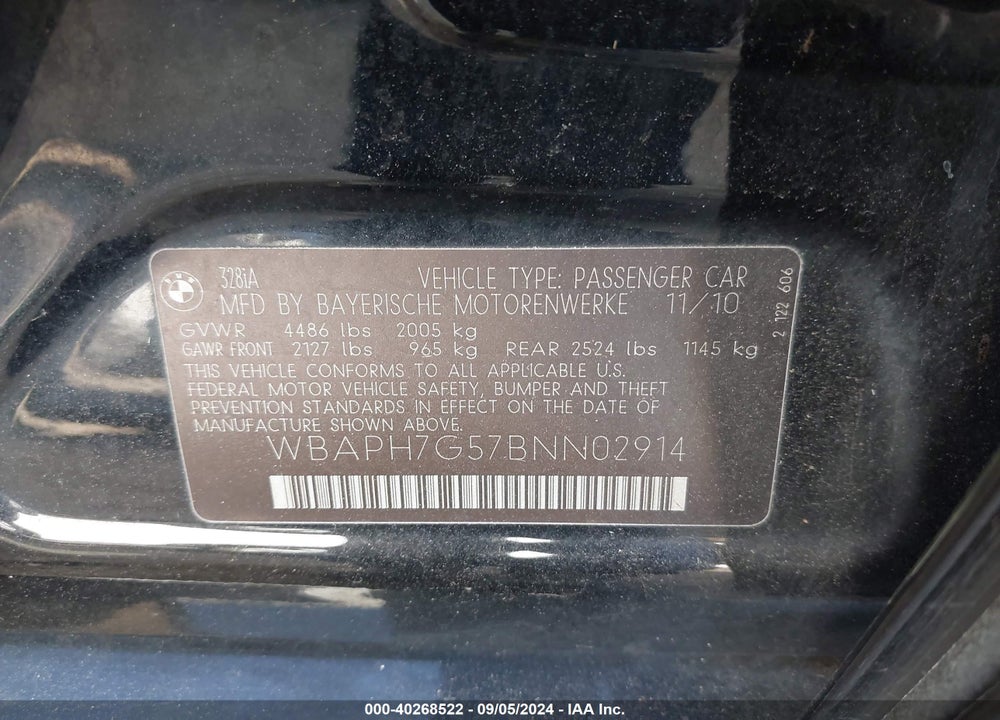 2011 BMW 328I VIN: WBAPH7G57BNN02914