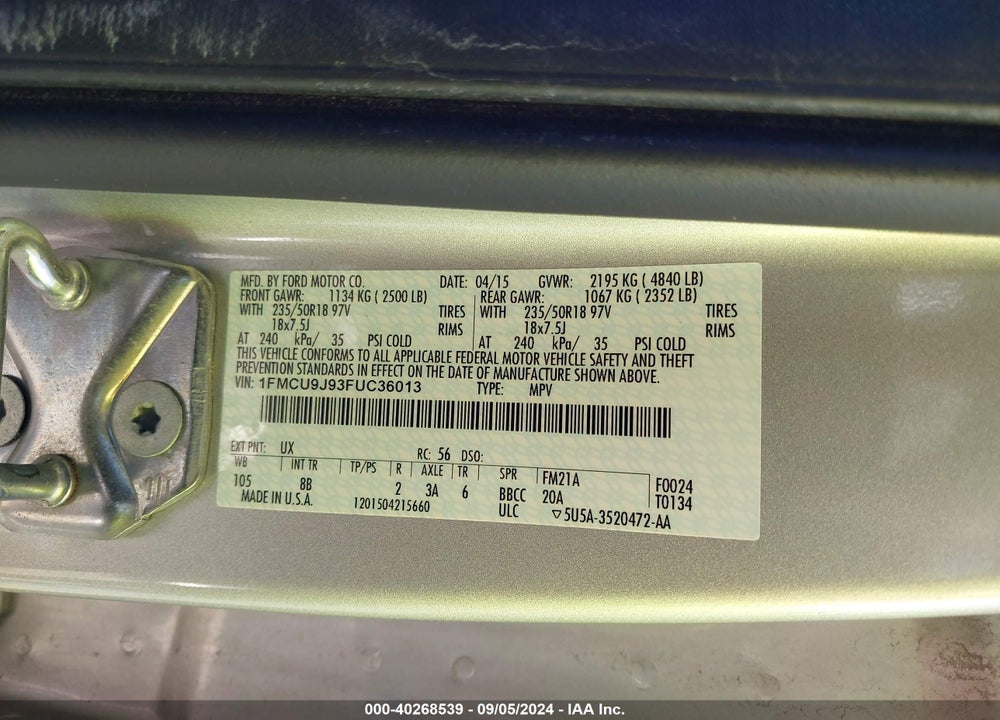 2015 TITAN FORD ESCAPE IUM VIN: 1FMCU9J93FUC36013