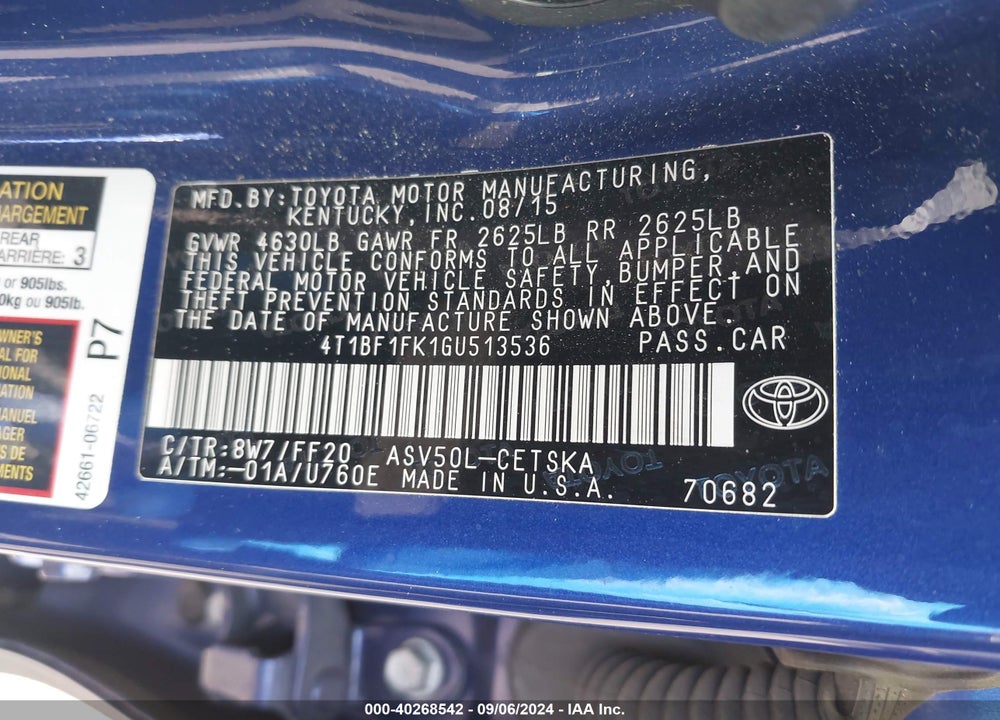 2016 TOYOTA CAMRY SE VIN: 4T1BF1FK1GU513536