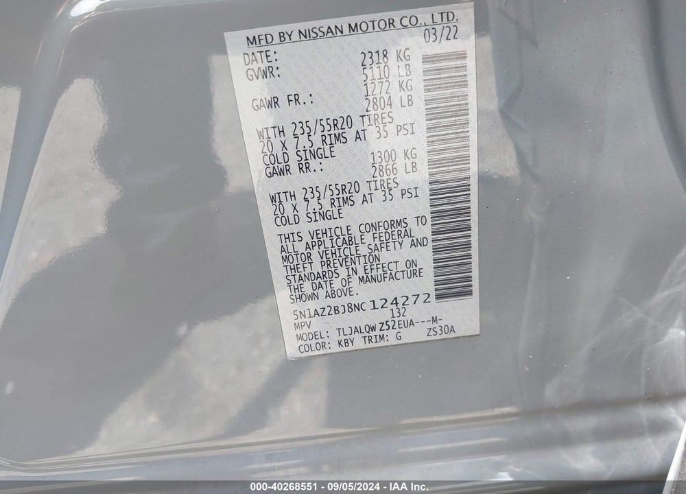 2022 NISSAN MURANO SV FWD VIN: 5N1AZ2BJ8NC124272