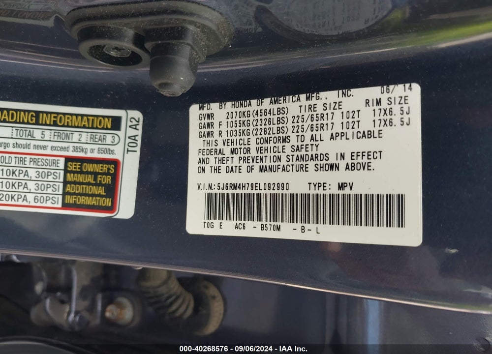 2014 HONDA CR-V VIN: 5J6RM4H79EL092990