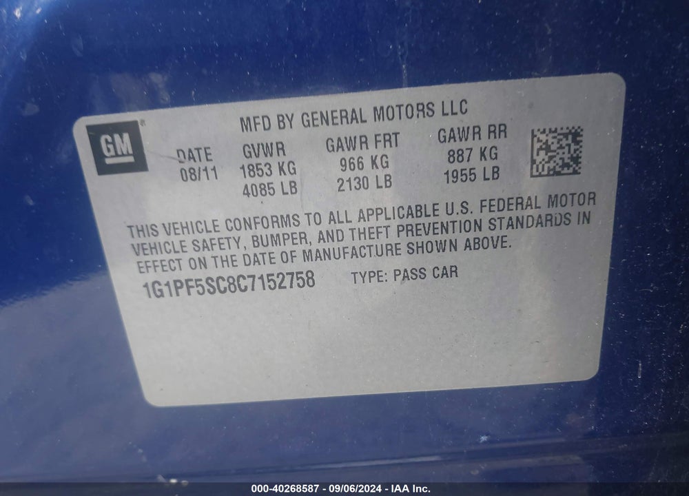 2012 CHEVROLET CRUZE 1LT VIN: 1G1PF5SC8C7152758