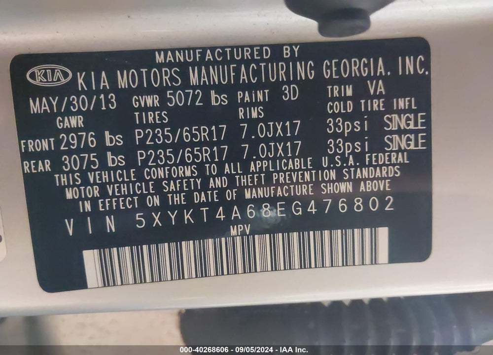 2014 KIA SORENTO LX VIN: 5XYKT4A68EG476802