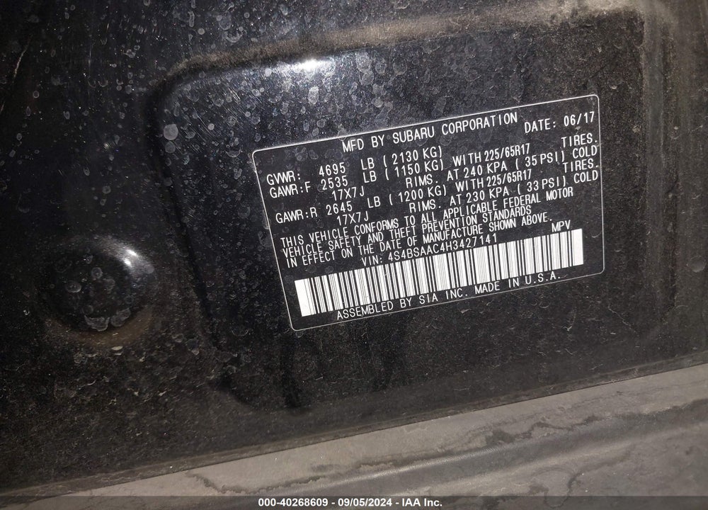 2017 SUBARU OUTBACK 2.5I VIN: 4S4BSAAC4H3427141