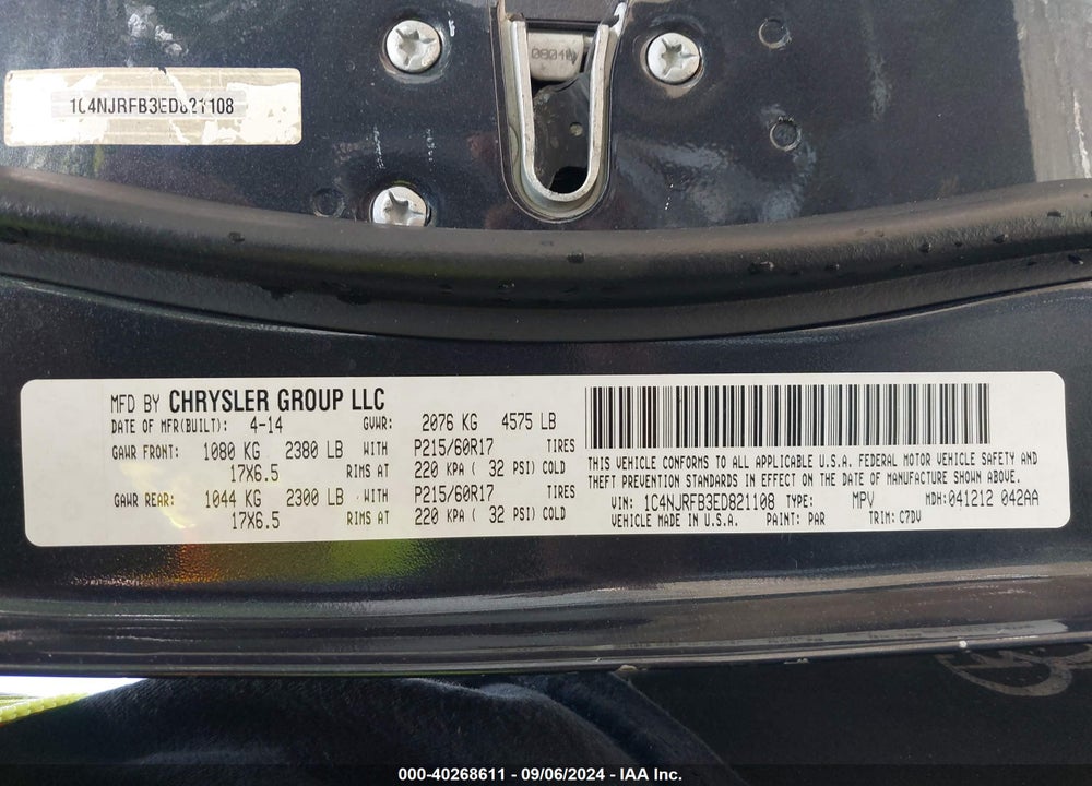 2014 JEEP PATRIOT LATITUDE VIN: 1C4NJRFB3ED821108