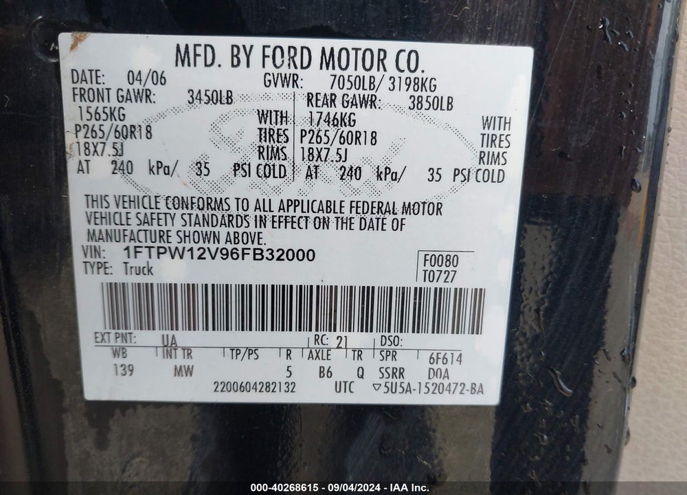 2006 FORD F-150 LARIAT/XLT VIN: 1FTPW12V96FB32000