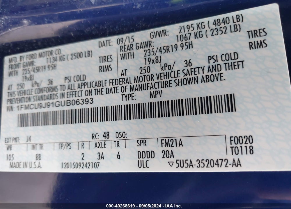 2016 FORD ESCAPE TITANIUM VIN: 1FMCU9J91GUB06393