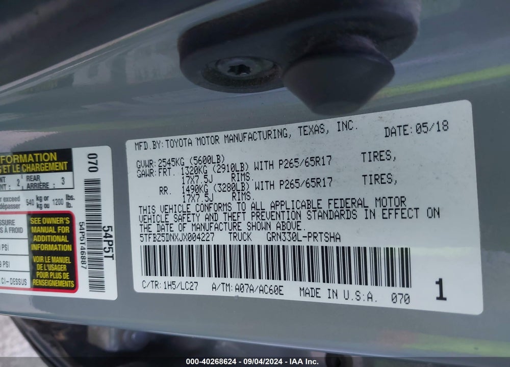 2018 TOYOTA TACOMA VIN: 5TFBZ5DNXJX004227