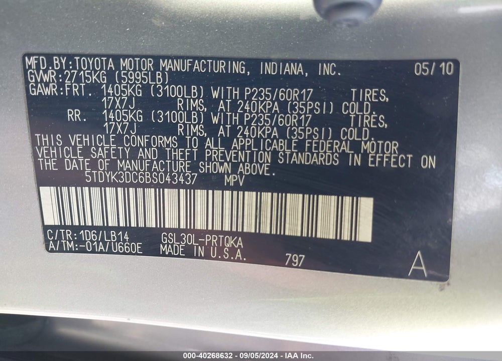 2011 TOYOTA SIENNA XLE V6 VIN: 5TDYK3DC6BS043437