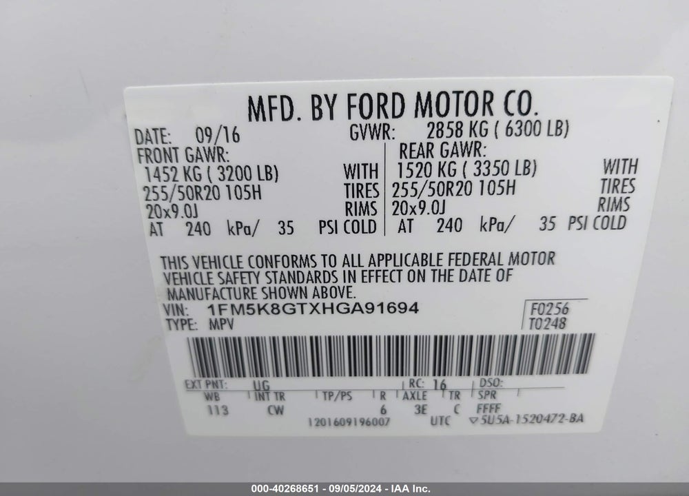 2017 FORD EXPLORER SPORT VIN: 1FM5K8GTXHGA91694