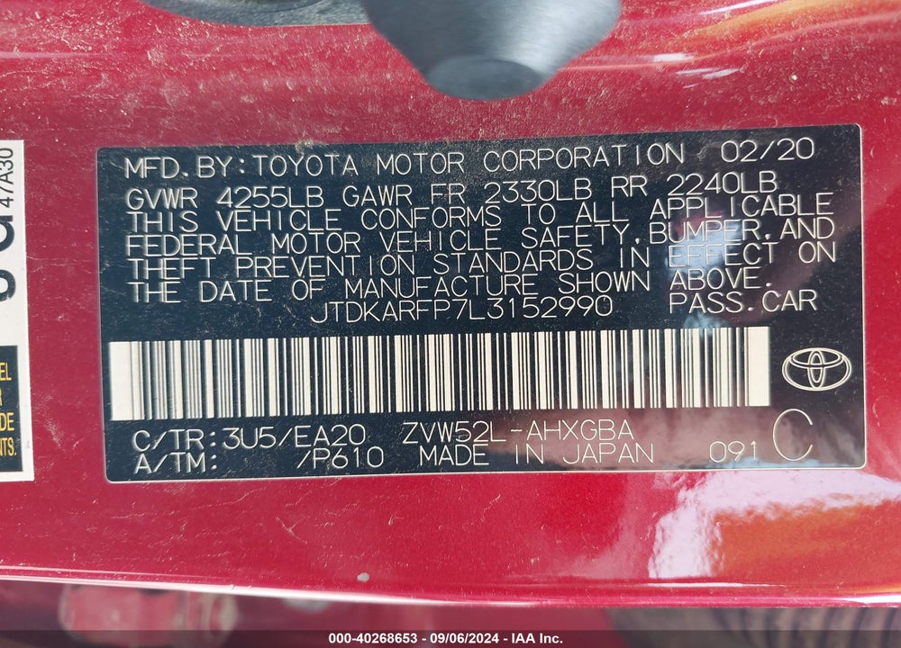 2020 TOYOTA PRIUS PRIME LIMITED VIN: JTDKARFP7L3152990