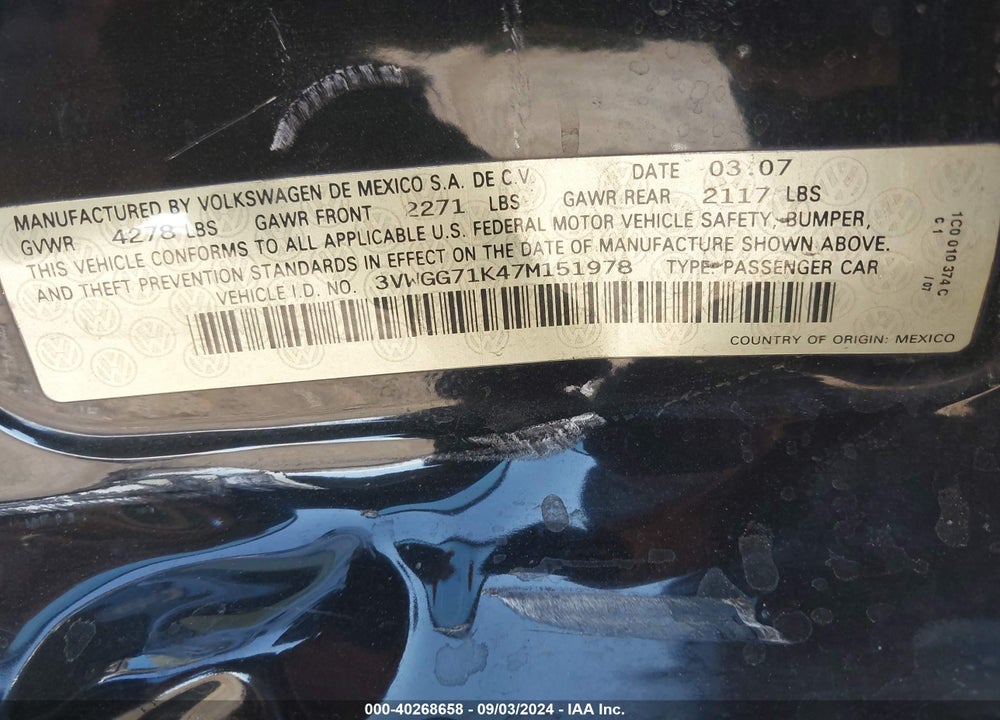 2007 VOLKSWAGEN JETTA VIN: 3VWGG71K47M151978