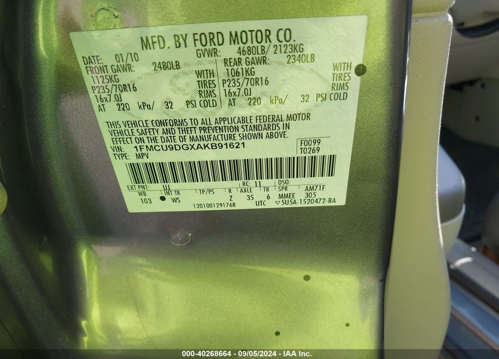 2010 FORD ESCAPE VIN: 1FMCU9DGXAKB91621