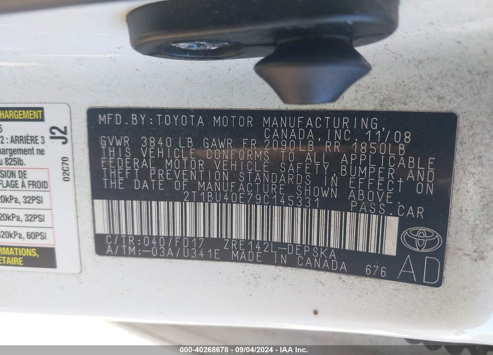 2009 TOYOTA COROLLA S VIN: 2T1BU40E79C145331