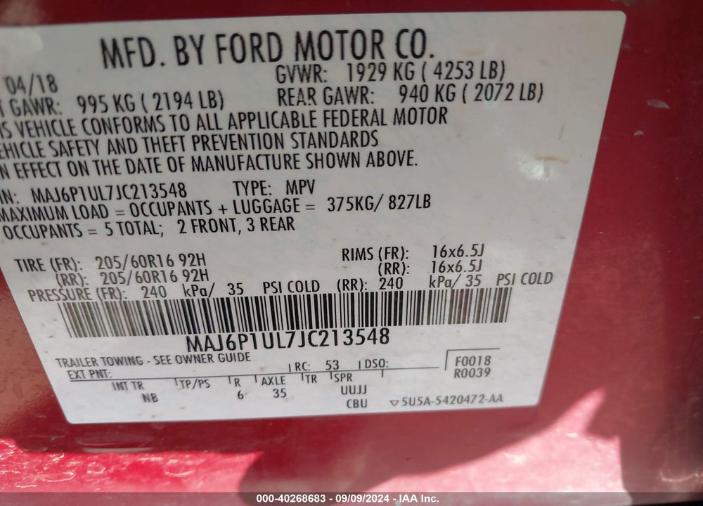 2018 FORD ECOSPORT SE VIN: MAJ6P1UL7JC213548