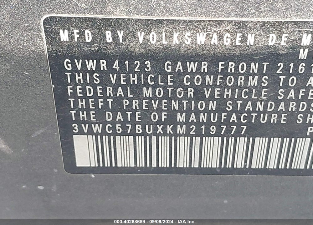 2019 VOLKSWAGEN JETTA 1.4T R-LINE/1.4T S/1.4T SE VIN: 3VWC57BUXKM219777