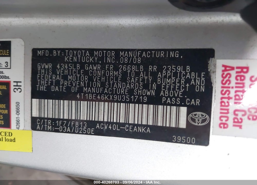 2009 TOYOTA CAMRY LE VIN: 4T1BE46KX9U351719