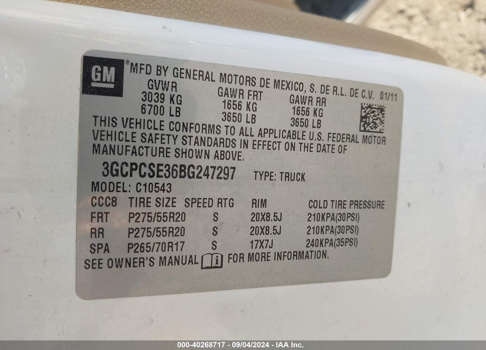 2011 CHEVROLET SILVERADO 1500 XTRA FUEL ECONOMY VIN: 3GCPCSE36BG247297