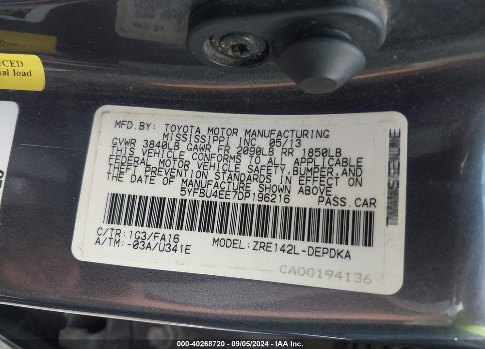 2013 TOYOTA COROLLA L VIN: 5YFBU4EE7DP196216