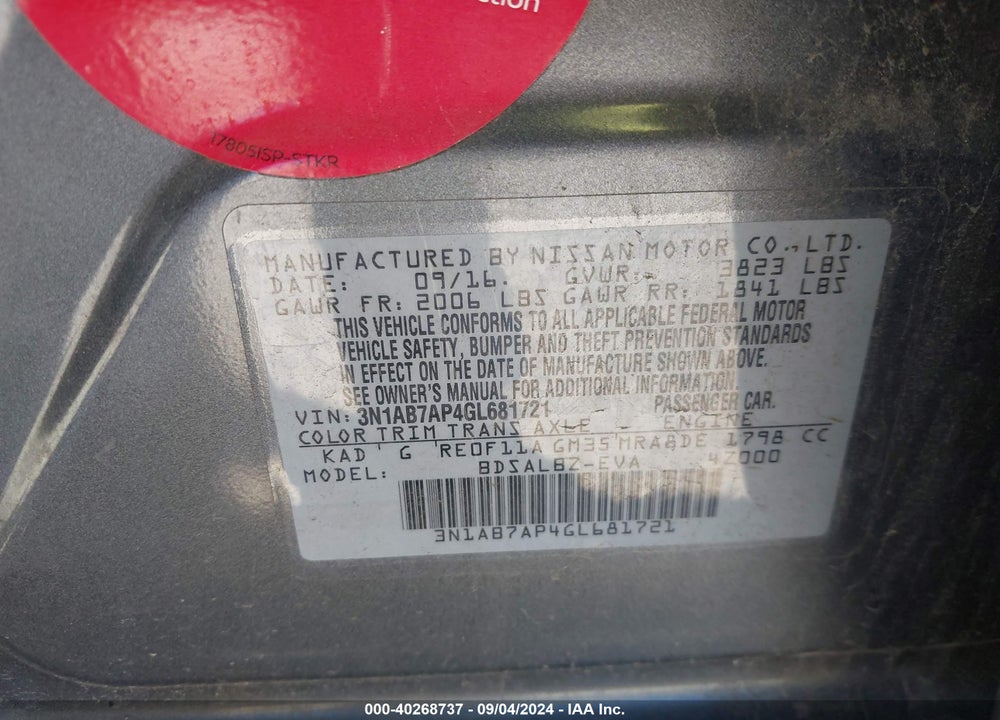 2016 NISSAN SENTRA S VIN: 3N1AB7AP4GL681721