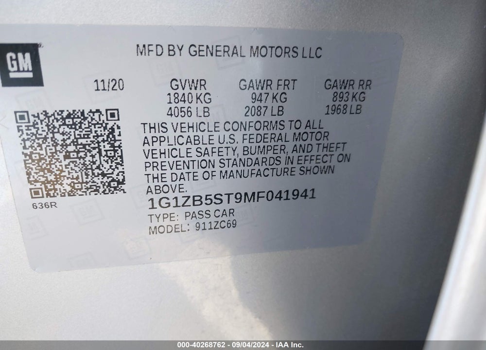 2021 CHEVROLET MALIBU FWD LS VIN: 1G1ZB5ST9MF041941