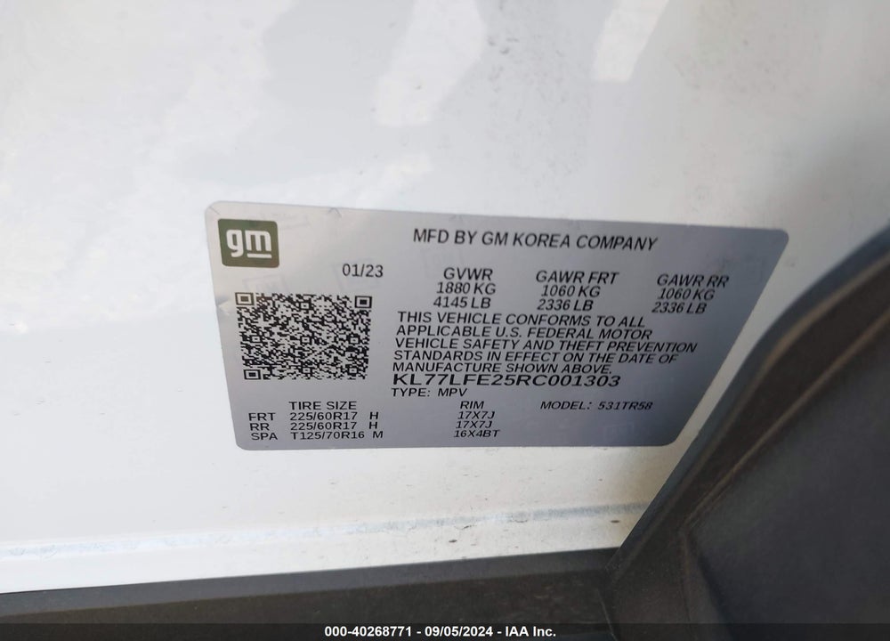 2024 CHEVROLET TRAX FWD SP VIN: KL77LFE25RC001303