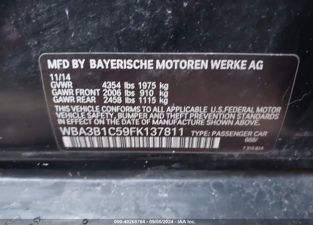 2015 BMW 320I VIN: WBA3B1C59FK137811
