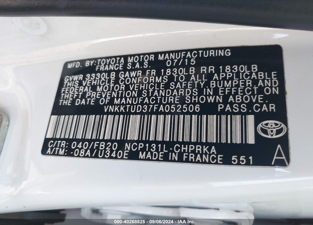 2015 TOYOTA YARIS LE VIN: VNKKTUD37FA052506