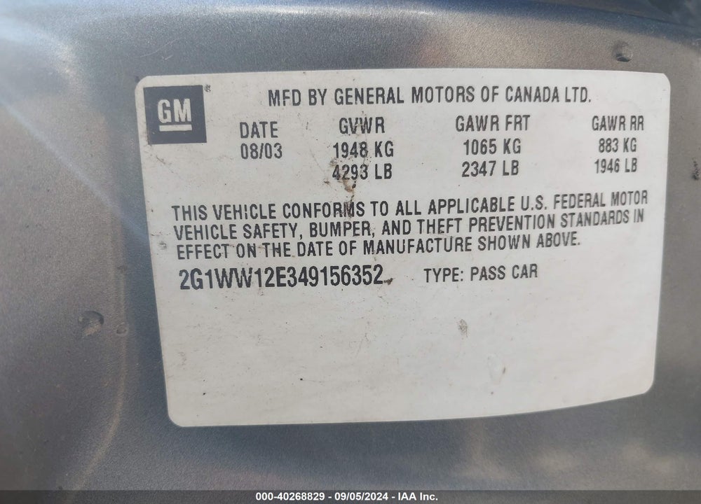 2004 CHEVROLET MONTE CARLO LS VIN: 2G1WW12E349156352