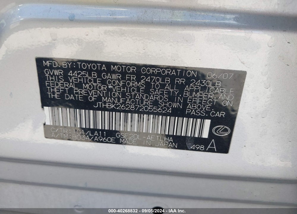 2007 LEXUS IS 250 VIN: JTHBK262872055624