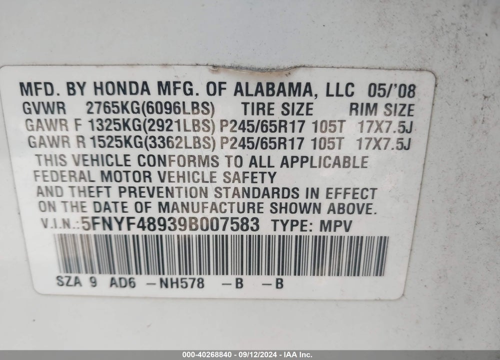 2009 HONDA PILOT TOURING VIN: 5FNYF48939B007583