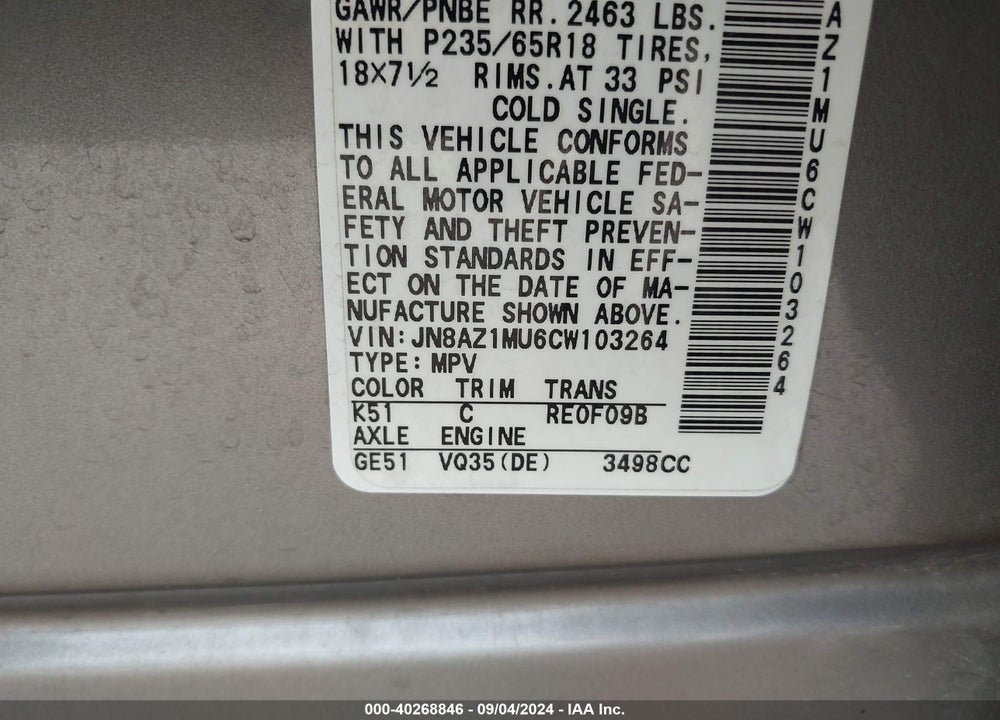 2012 NISSAN MURANO S VIN: JN8AZ1MU6CW103264