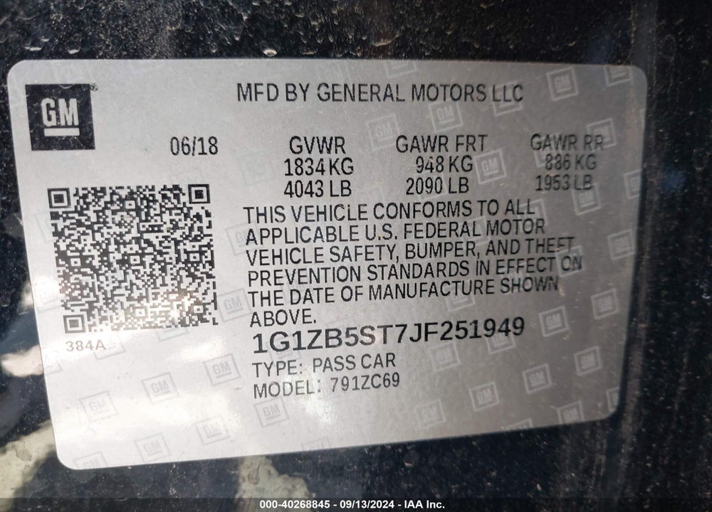2018 CHEVROLET MALIBU 1LS VIN: 1G1ZB5ST7JF251949