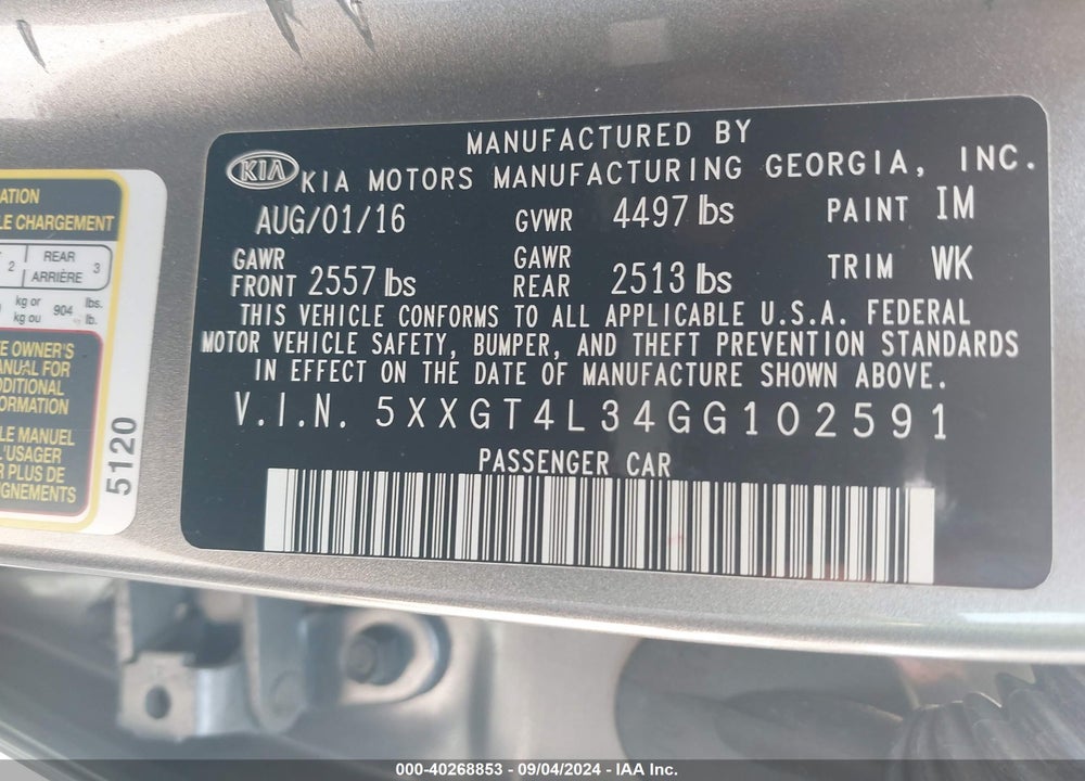 2016 KIA OPTIMA LX VIN: 5XXGT4L34GG102591
