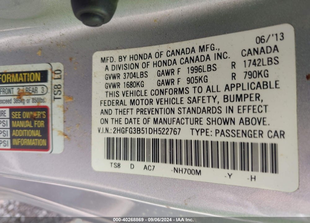 2013 HONDA CIVIC LX VIN: 2HGFG3B51DH522767