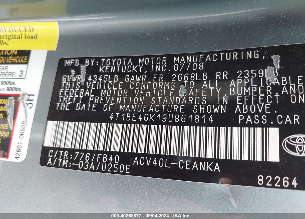 2009 TOYOTA CAMRY LE VIN: 4T1BE46K19U861814
