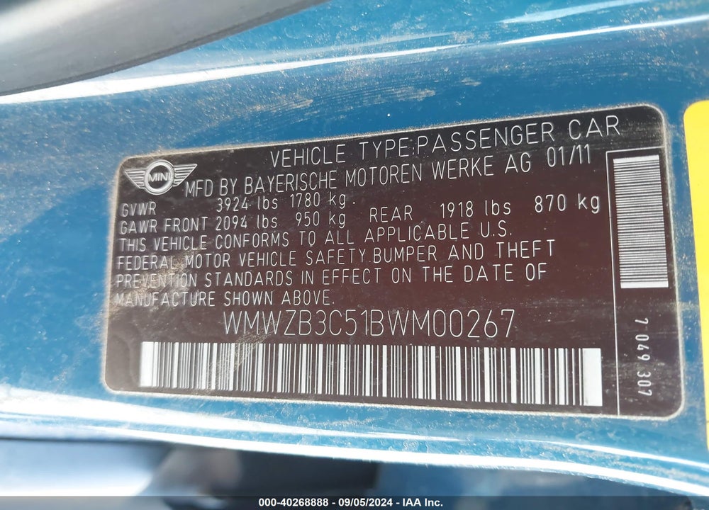 2011 MINI COOPER COUNTRYMAN VIN: WMWZB3C51BWM00267