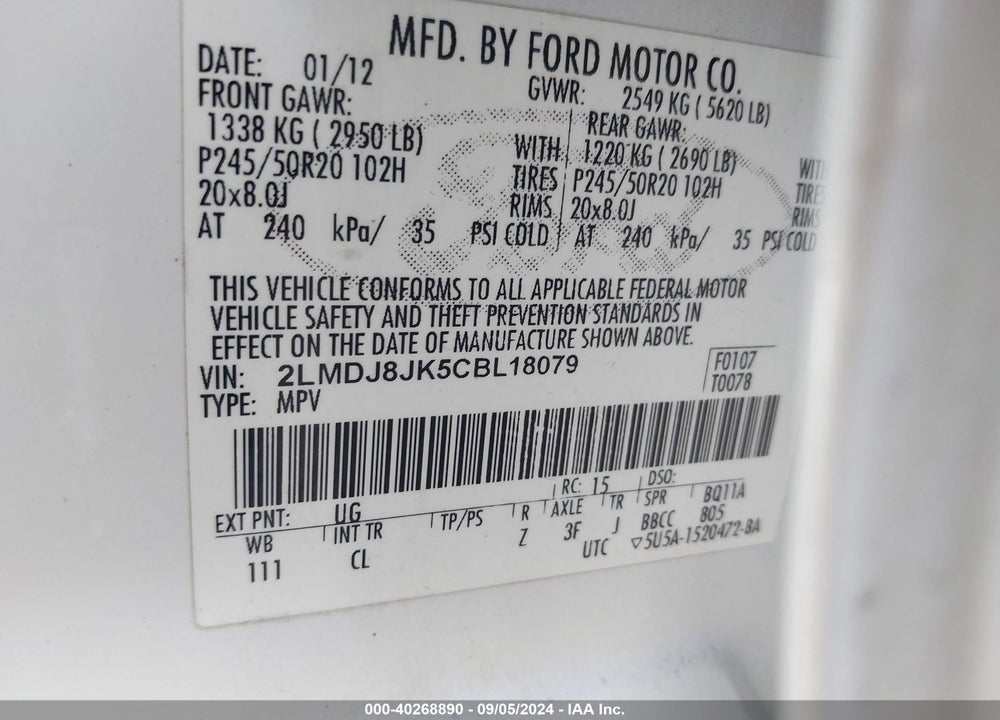 2012 LINCOLN MKX VIN: 2LMDJ8JK5CBL18079