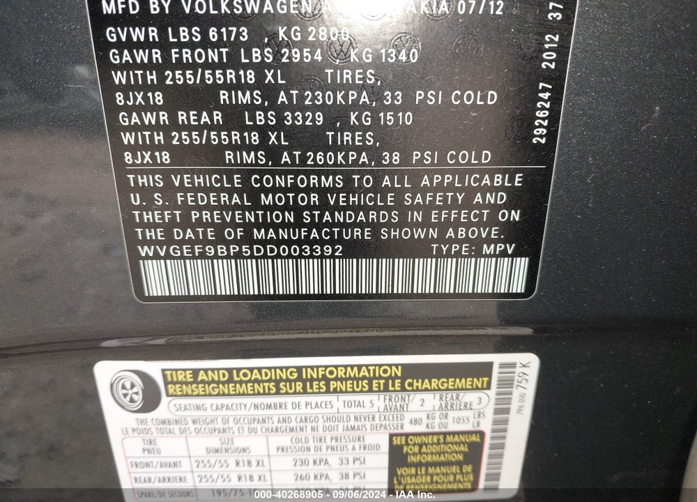 2013 VOLKSWAGEN TOUAREG VR6 SPORT VIN: WVGEF9BP5DD003392