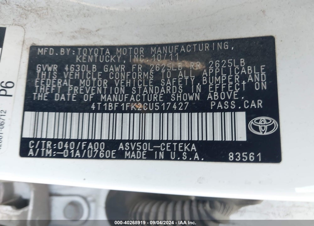 2012 TOYOTA CAMRY L VIN: 4T1BF1FK2CU517427