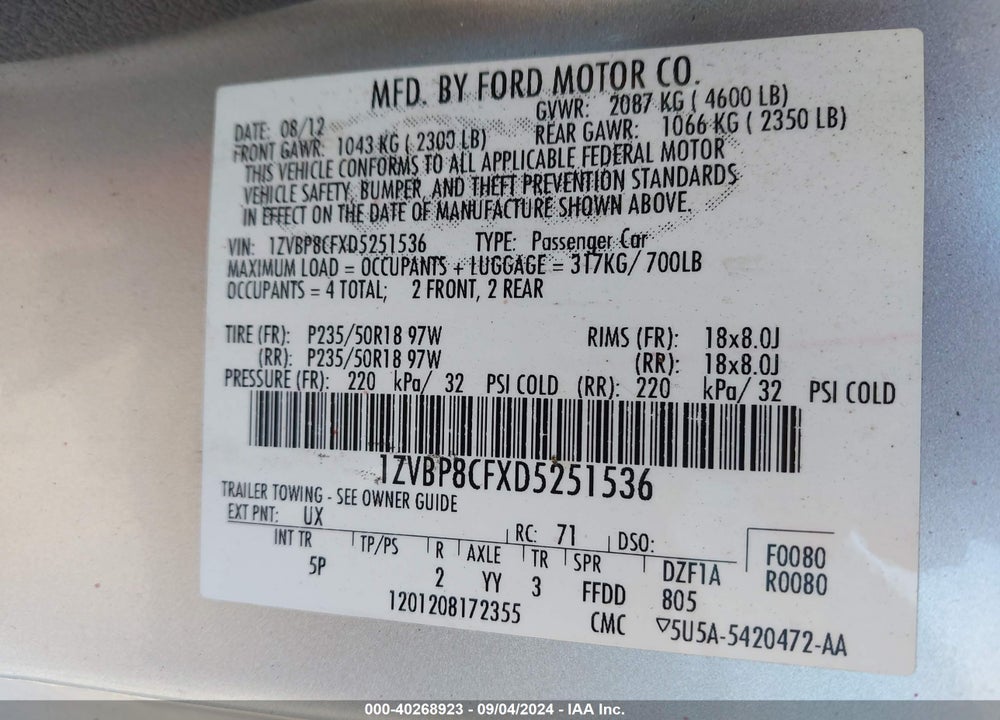 2013 FORD MUSTANG GT PREMIUM VIN: 1ZVBP8CFXD5251536