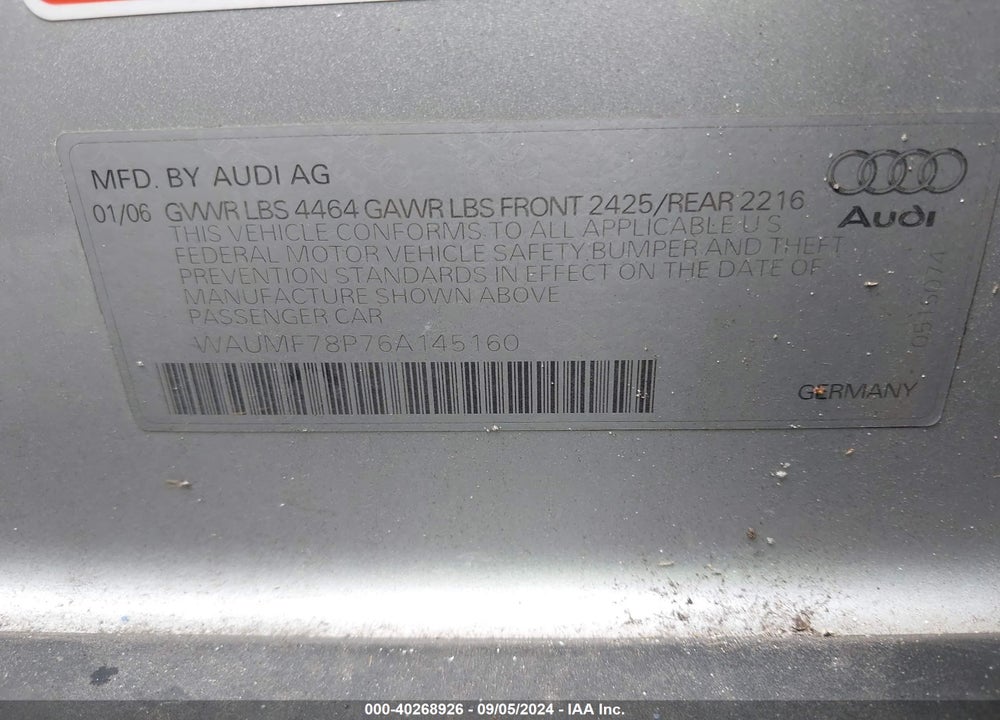2006 AUDI A3 2.0T VIN: WAUMF78P76A145160