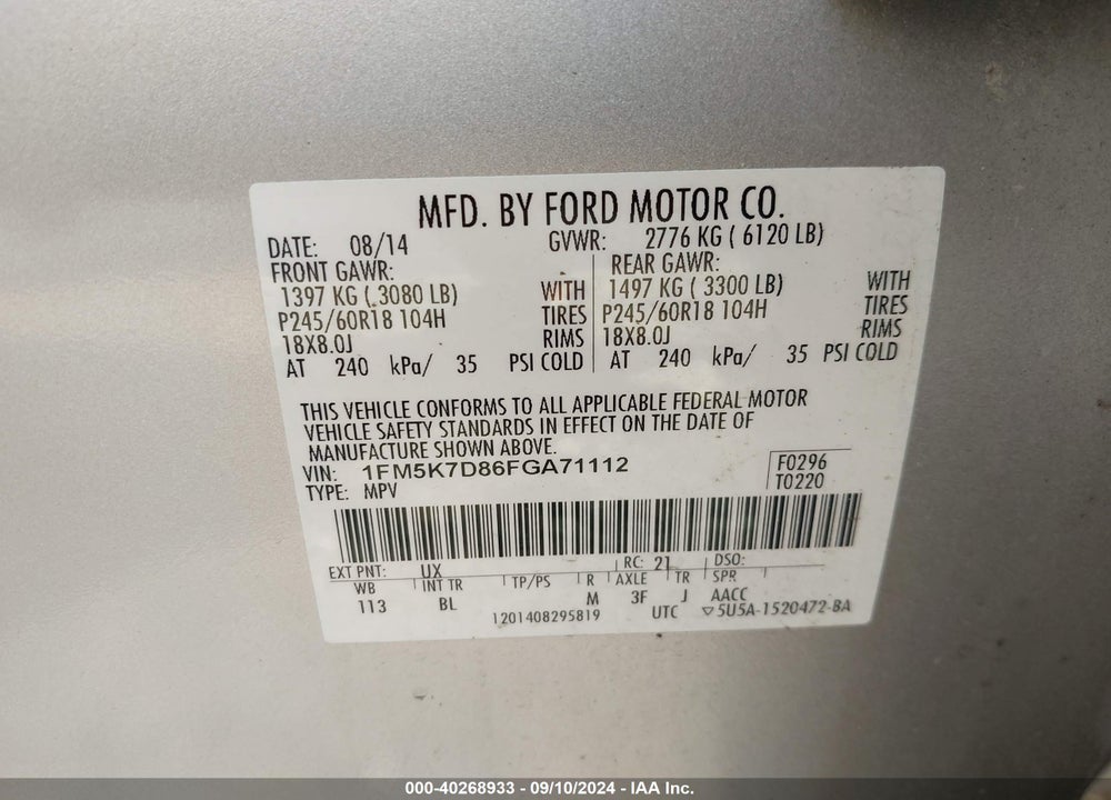 2015 FORD EXPLORER XLT VIN: 1FM5K7D86FGA71112