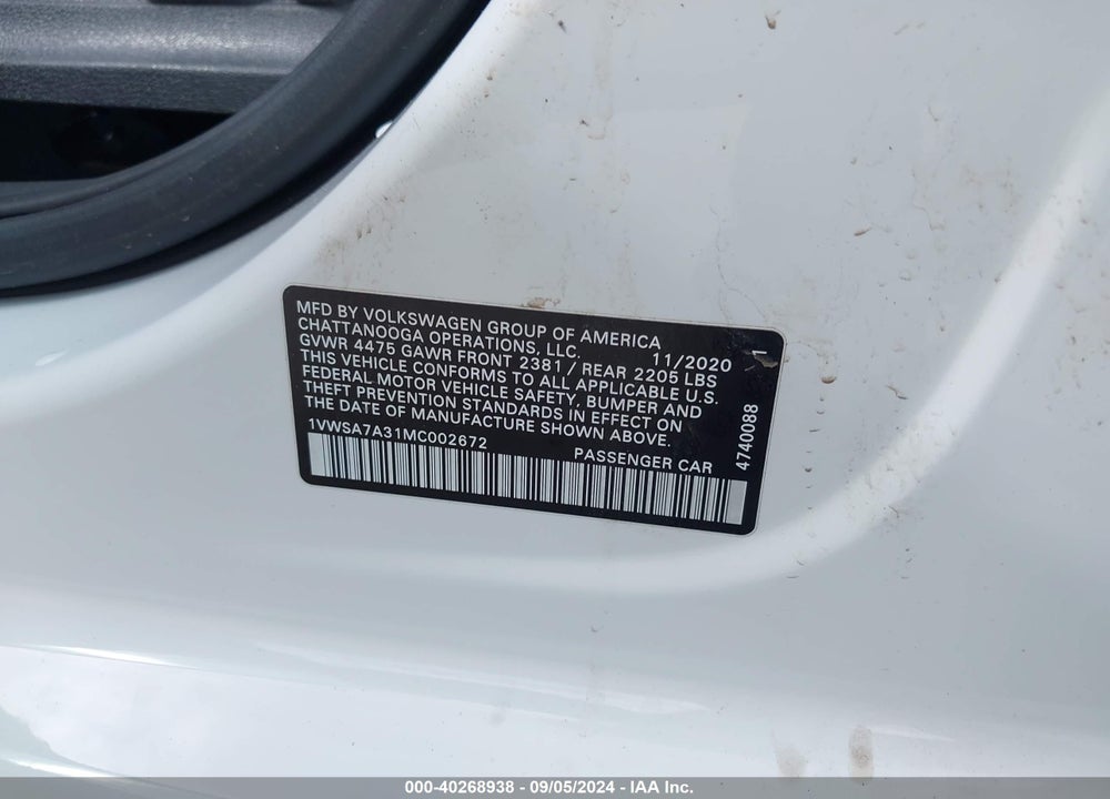 2021 VOLKSWAGEN PASSAT 2.0T SE VIN: 1VWSA7A31MC002672