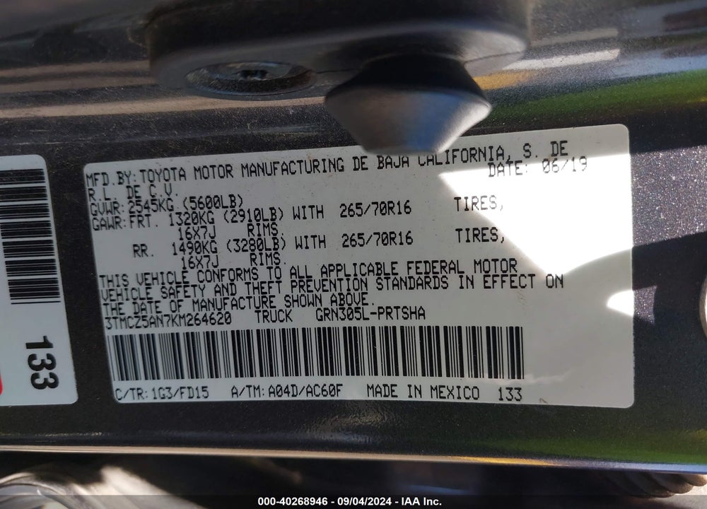 2019 TOYOTA TACOMA TRD OFF ROAD VIN: 3TMCZ5AN7KM264620