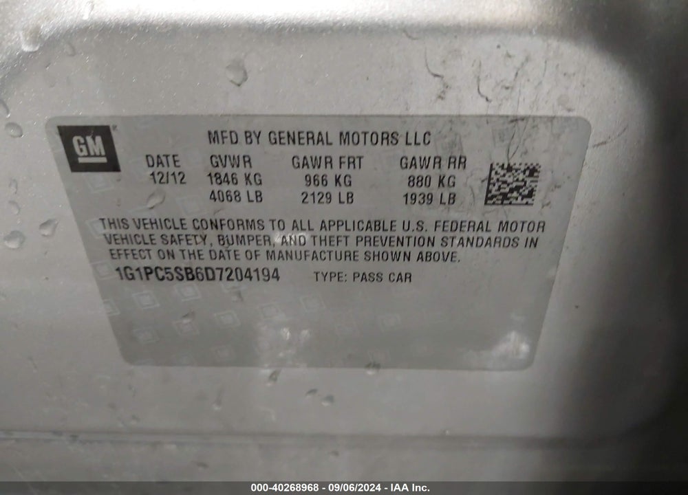 2013 CHEVROLET CRUZE VIN: 1G1PC5SB6D7204194