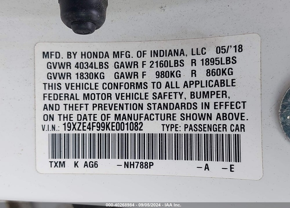 2019 HONDA INSIGHT TOURING VIN: 19XZE4F99KE001082